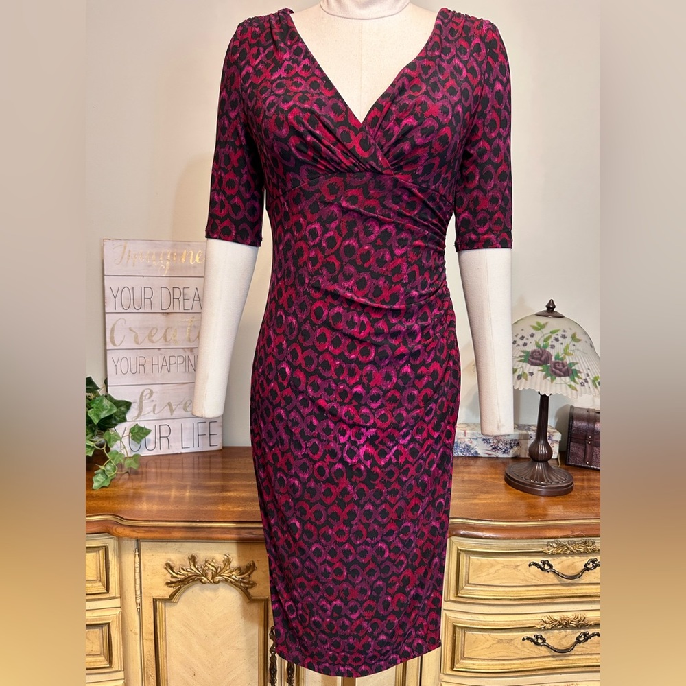Ralph Lauren Black Purple Pink Ruched Faux Wrap Dress NWOT